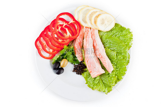 孤立的红鱼油炸烹饪盘子美食沙拉午餐柠檬炙烤鱼片营养图片