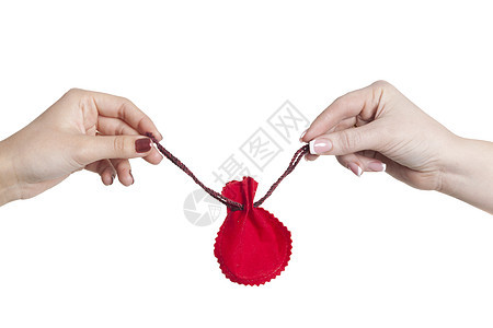 两只手握着两个女人手 拿着圣诞礼物袋白色礼物惊喜秘密庆典解雇喜悦织物红色装饰品图片