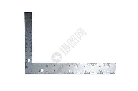 白色背景上的金属角护膝厘米三角板正方形实施统治者几何学绘画毫米技巧图片