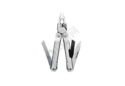 白色背景上的多工具金属袖珍维修开场白多功能剪刀功能性折刀便利螺丝刀图片