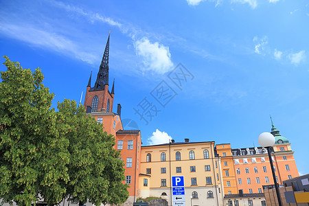 瑞典斯德哥尔摩市中心古老的建筑图景中心蓝色美丽房子旅游框架旅行港口首都场景图片