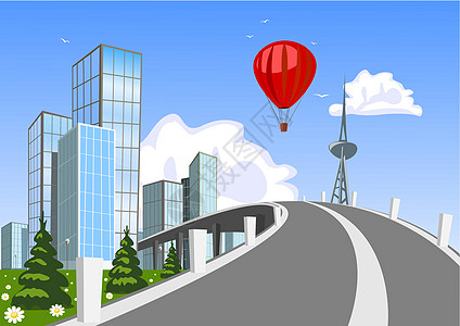 摘要矢量城市     夏季插图摩天大楼气球环境蓝色绿色玻璃反射红色街道图片