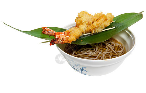 面粉和油虾做的面条食物叶子油炸午餐肉汤白色盘子图片