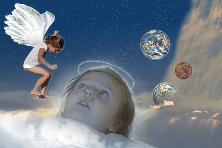 天使关于存在 宇宙和生命的创造的梦幻背景图片