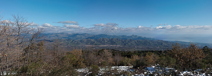 冬季山区地貌树木森林岩石蓝色灰色远景松树天空绿色风景图片