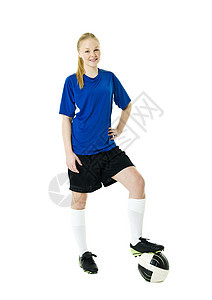 女足球员白色足球影棚表情竞技快乐微笑青少年职业女性图片