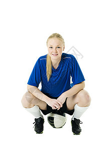 女足球员竞赛蓝衬衫快乐体育白色短裤享受微笑成人运动图片