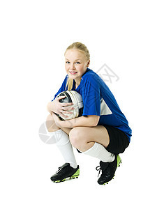 女足球员青少年白色影棚蓝衬衫服装运动衣服职业幸福金发图片