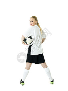 女足球员享受白色职业白衬衫影棚微笑表情竞赛服装快乐图片