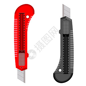 白背景纸上的可塑刀 笑纸板盒子蓝色黑色塑料插图刀具艺术品刀刃红色图片