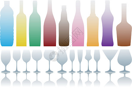 瓶和玻璃杯 矢量绿色水晶收藏烈酒反射蓝色红色玻璃啤酒酒吧图片
