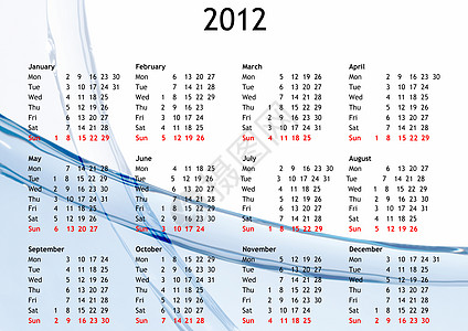 2012年日历几个月池塘时间波浪蓝色液体水滴图片