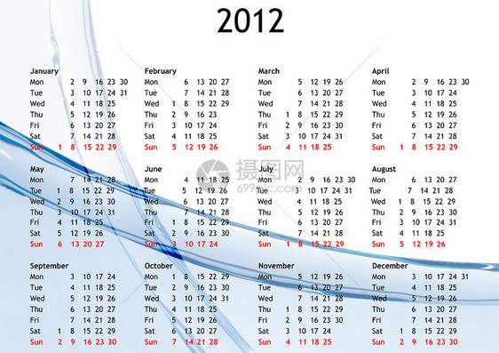 2012年日历几个月池塘时间波浪蓝色液体水滴图片