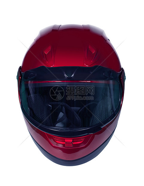 蓝色玻璃的红色摩托车头盔图片