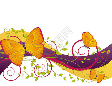 用蝴蝶做花粉插图花朵卷曲树叶花语绿色漩涡滚动装饰品植物花园图片