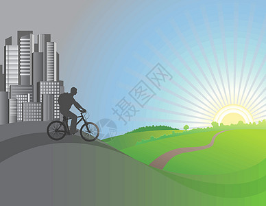 骑自行车者离开城市 矢量插图图片