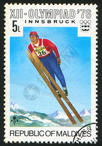 滑雪跳跃拉伸历史性邮件头盔男性古董邮票竞赛运动员运动图片