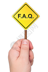 F A Q 路标手握着白色背景的孤立标志图片