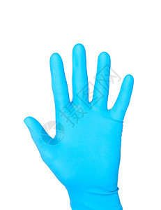 手持蓝色橡胶手套 在白色背景上被孤立图片
