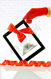 手戴红色手套 佩着平板电脑白色黑色空白页数电子书阅读故事图片