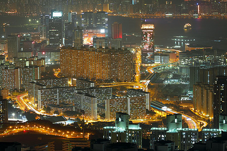 城市之夜的空中景象景观蓝色珍珠摩天大楼商业中心运输高楼场景地标图片