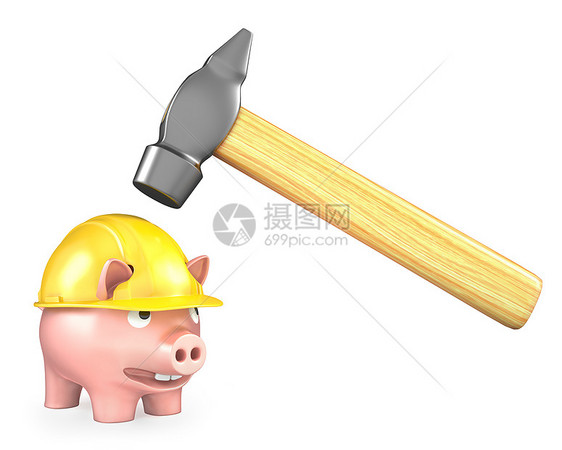 大型锤子下黄头盔中的小猪银行图片