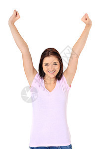 成功黑发优胜者长发微笑女子欢呼手势青年女士女孩图片