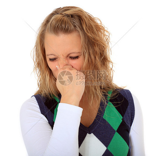 妇女打喷嚏干草症状发烧女士流感医疗白色女性鼻子青年图片