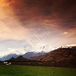 奶牛吃草山林高山土地蓝色场景石头爬坡顶峰旅行旅游国家背景