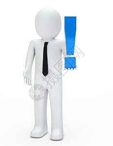 蓝色领带男人持有感叹标记商务插图解决方案数字商业警告注意力警报危险标点背景
