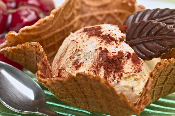 冰在华夫饼里巧克力水果盘子美味甜点乐趣奶制品图片
