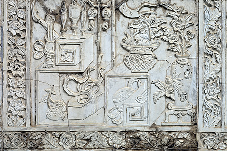 白土科 长城上的泰语风格水泥古董叶子雕刻寺庙宽慰艺术历史传统装饰图片
