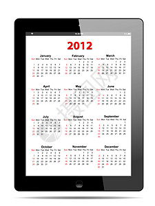 2012年日历 用白色矢量格式的平板电脑显示为2012年日历形状红色品牌时间纸板触摸屏蓝色对象图片