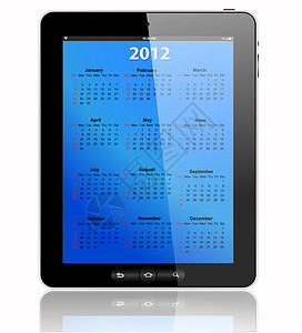 2012年日历 用白色矢量格式的平板电脑显示为2012年日历纸板蓝色形状对象品牌触摸屏时间红色图片