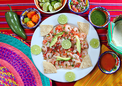墨西哥 原海产海鲜沙拉蔬菜柠檬肉汁美食食物午餐盘子牙裔餐厅对虾图片