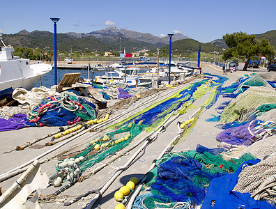 安得拉特克斯港来自麦多尔卡的渔网和捕捞网蓝色港口工具钓鱼尼龙漂浮浮标齿轮绳索海洋图片