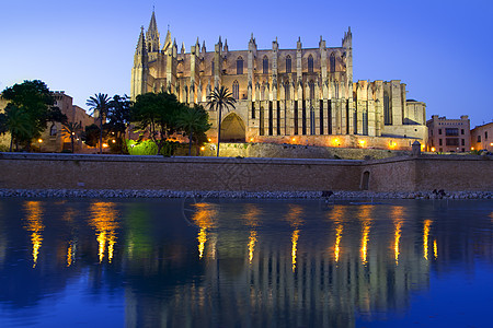 帕尔马德马洛卡巴利阿里群岛Majorca大教堂基督纪念碑历史性地标首都石头反射文化日落宗教图片