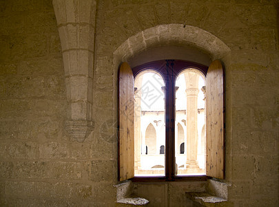 马洛卡岛帕尔马德马洛卡市城堡的拱门地标窗户建筑学画廊水晶走廊堡垒石头门廊纪念碑图片