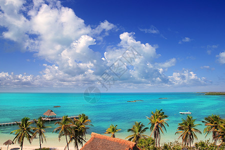 孔托伊热带加勒比岛屿 墨西哥海岛海岸天线海洋码头棕榈晴天公园通体小屋海滩图片