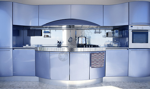 蓝银厨房  现代建筑装饰建筑学内阁住房橱柜套房金属滚刀奢华烹饪机器图片