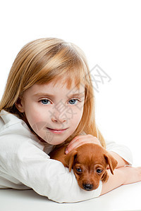 金发女金发女孩 带着迷你皮革宠物吉祥狗犬类朋友婴儿童年说谎家庭工作室哺乳动物女性友谊图片