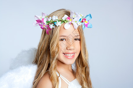 天使儿童小女孩肖像时装白色翅膀女孩花朵孩子们头发裙子孩子快乐女性卷曲自由图片