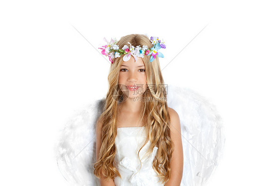 有着翅膀和孩子的天使小女孩花冠女孩头发孩子们卷曲花朵幸福童年女性裙子喜悦图片