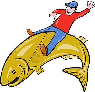 骑跳特鲁特鱼的渔民飞钓者钓鱼跳跃卡通片骑术插图鳟鱼图片