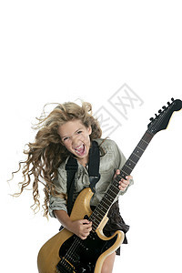 金发小金发女孩 玩电动吉他岩石细绳闲暇喜悦幸福流行音乐玩家享受乐器演员图片
