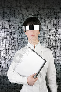 未来的手提笔记本电脑银色未来眼镜机器人传感器技术女士商务女性反射女孩科学墙纸图片