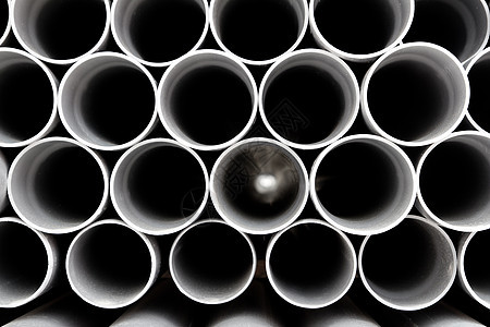 堆叠成行的灰色聚氯乙烯管塑料管水平管子圆形工厂卫生建造管道圆柱维修工业图片
