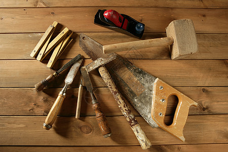 木匠工具看到铁锤木木板飞机喷口艺术家乐器钻头木材磁带维修工作成套职业金属图片
