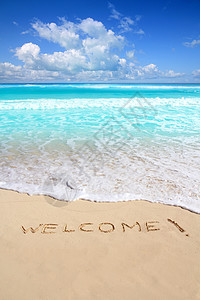 欢迎欢迎沙滩咒语 写在沙上天堂假期打印海洋海景海岸地标支撑海滩蓝色图片