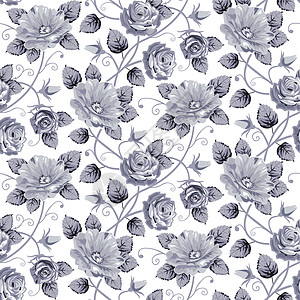 玫瑰丝无缝模式叶子装饰品玫瑰漩涡滚动正方形白色插图灰色图片